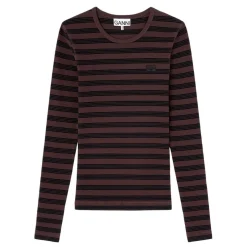 Ganni bluse - A1050066 Soft Cotton Stripe Rib longsleeve chocolate plum