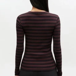 Ganni bluse - A1050066 Soft Cotton Stripe Rib longsleeve chocolate plum