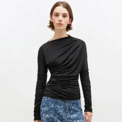 Ganni bluse - T4393 Shiny Jersey Ruched black