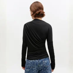 Ganni bluse - T4393 Shiny Jersey Ruched black