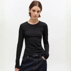 Ganni bluse - T4313 Soft Cotton Rib Long Sleeve black