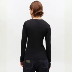Ganni bluse - T4313 Soft Cotton Rib Long Sleeve black