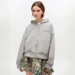 Ganni hoodie - T4328 Heavy Terry Jersey Zip paloma melange