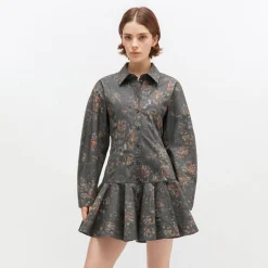 Ganni kjole - W1019 Printed Stretch Cotton Buttoned Mini phantom